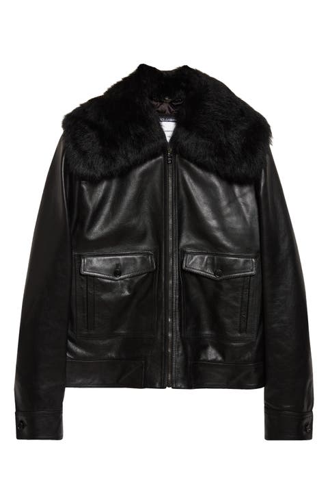 Leather Jacket with Genuine Shearling Collar