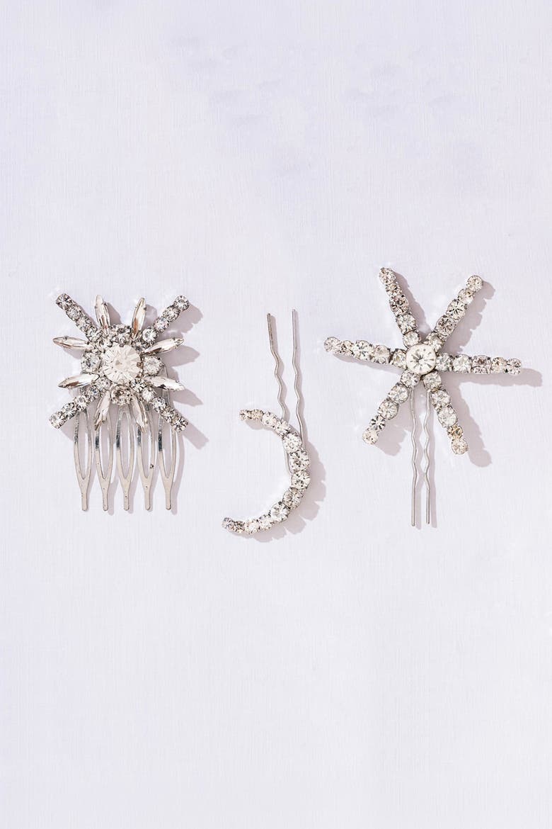 Set of 3 Celestia Crystal Hair Pins - Silver, Alternate, color, Metallic Silver