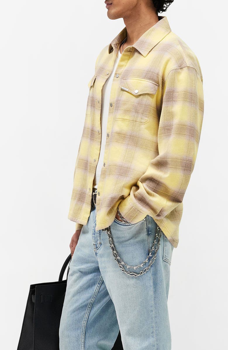 Represent Plaid Cotton Flannel Snap Front Shirt, Alternate, color, Creamed Corn