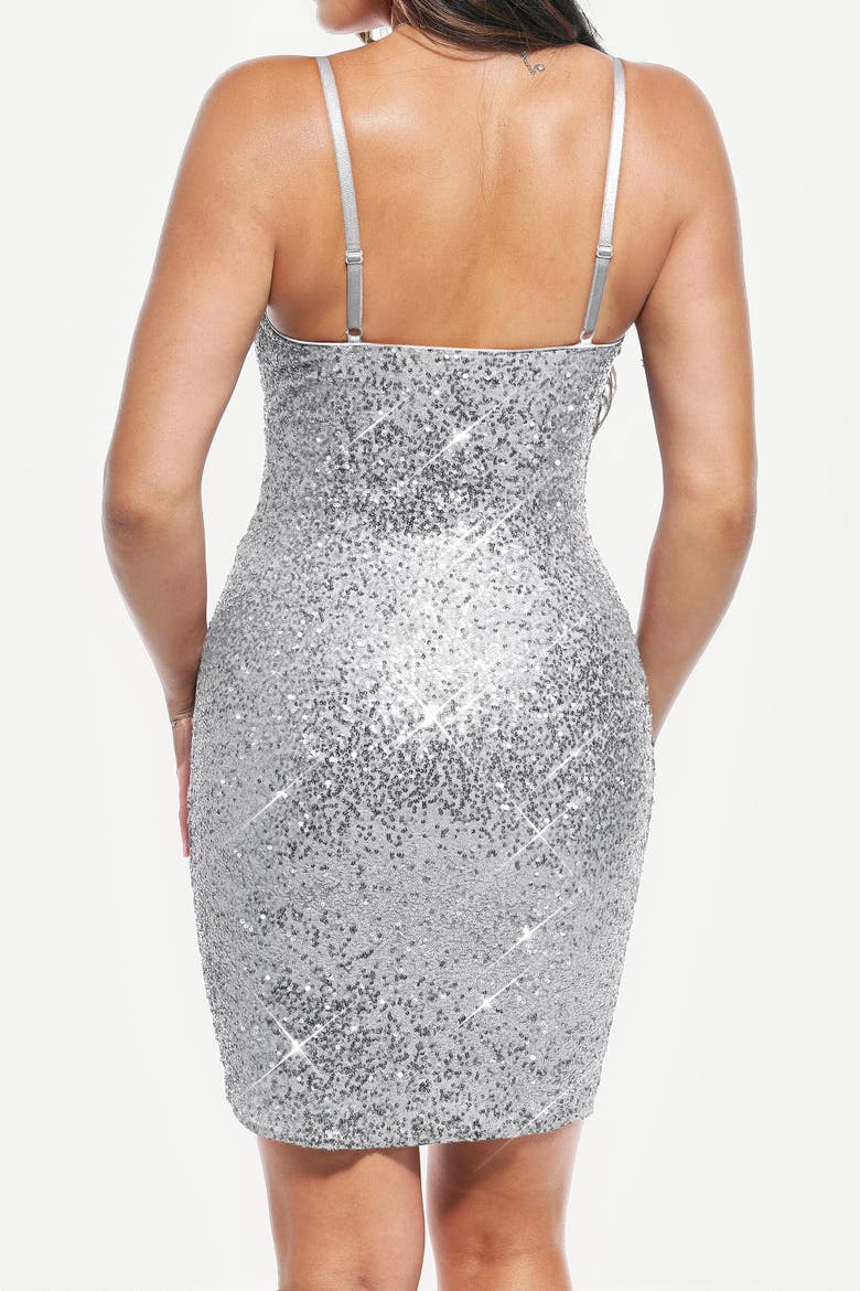 Sequin Cowl Neck Sculpting Mini Sparkle Date Night & Night Out Party Dress, Alternate, color, Diamond Silver