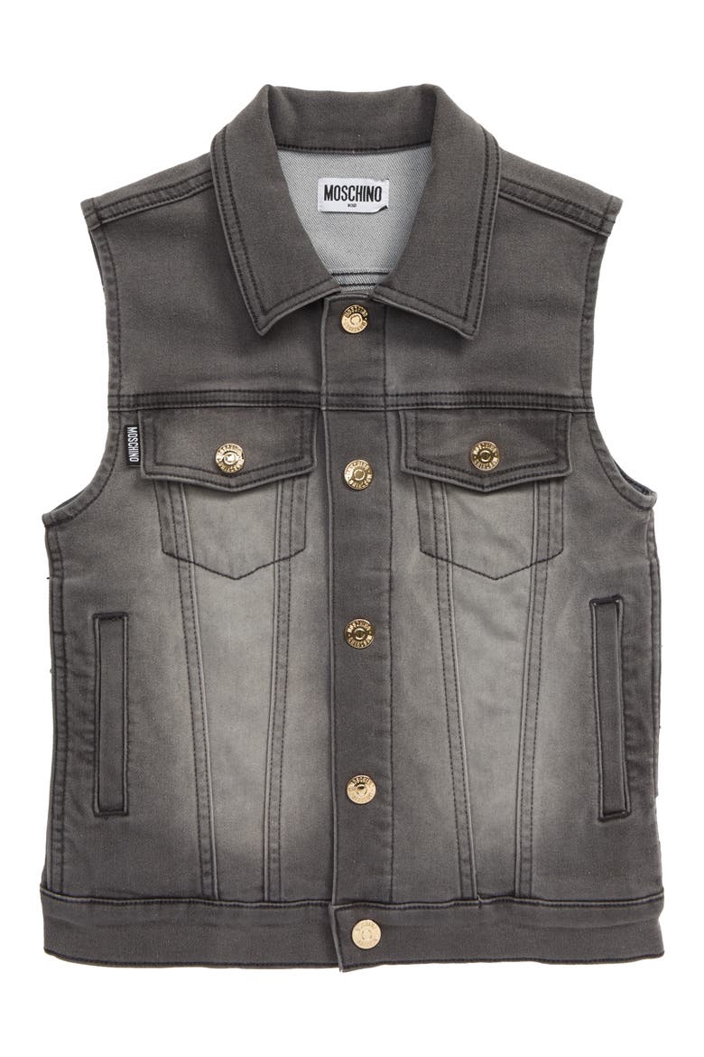 Chenille Bear Patch Denim Vest, Main, color, GREY