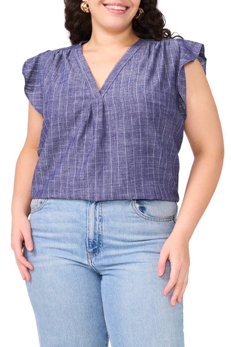 Pinstripe Flutter Sleeve Chambray Top, Main, color, COOL WATERS