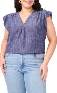 Vince Camuto Pinstripe Flutter Sleeve Chambray Top