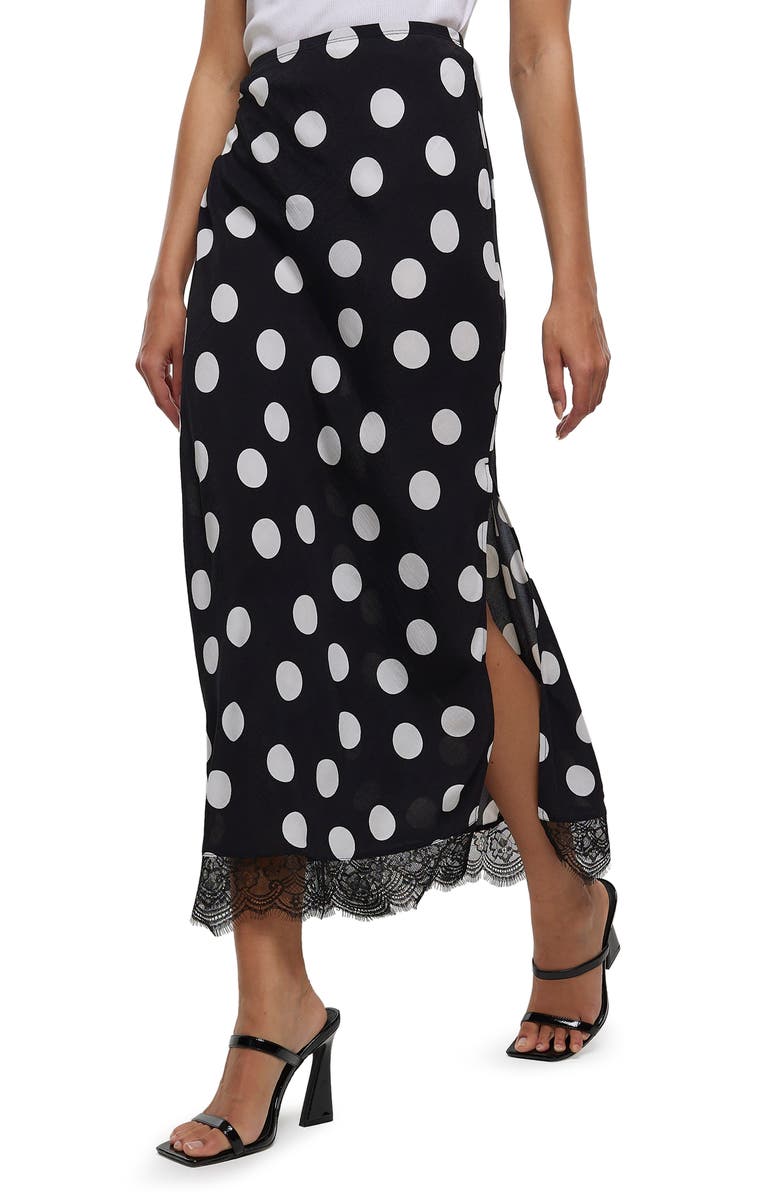 River Island Lace Trim Polka Dot Bias Satin Midi Skirt, Alternate, color,