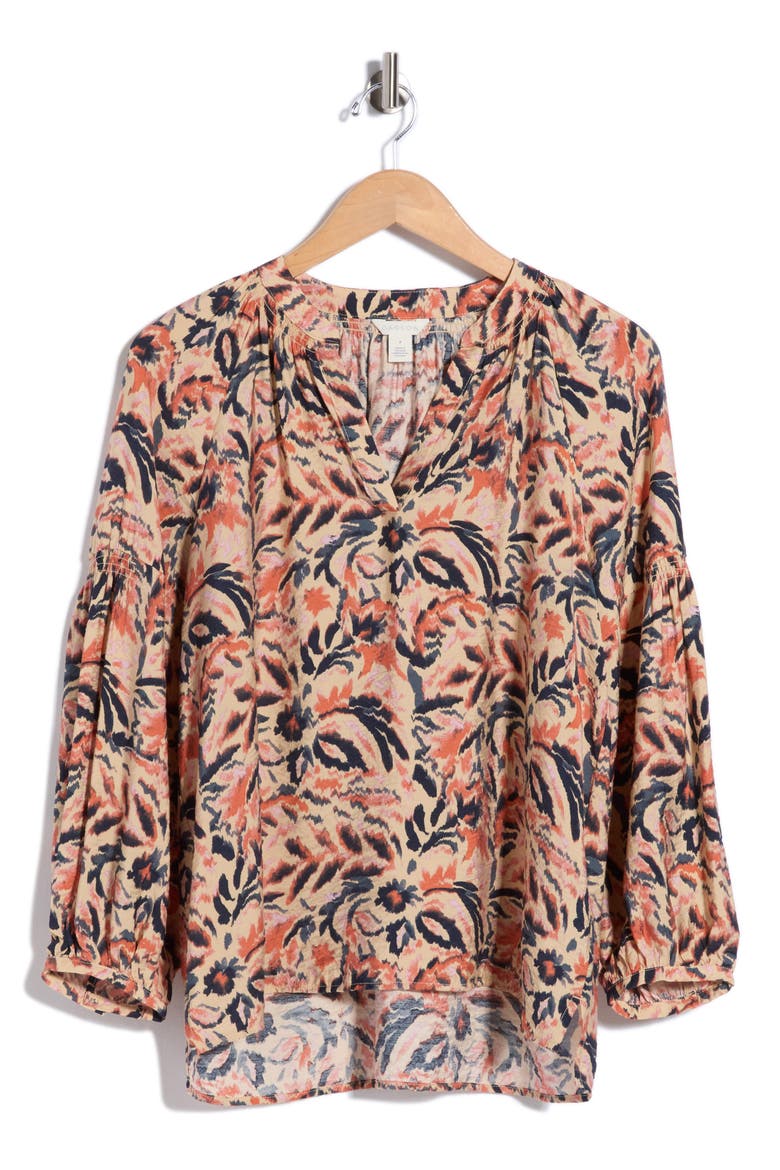 Long Sleeve Printed Popover Top, Alternate, color, TAN- NAVY IKAT BLOSSOM