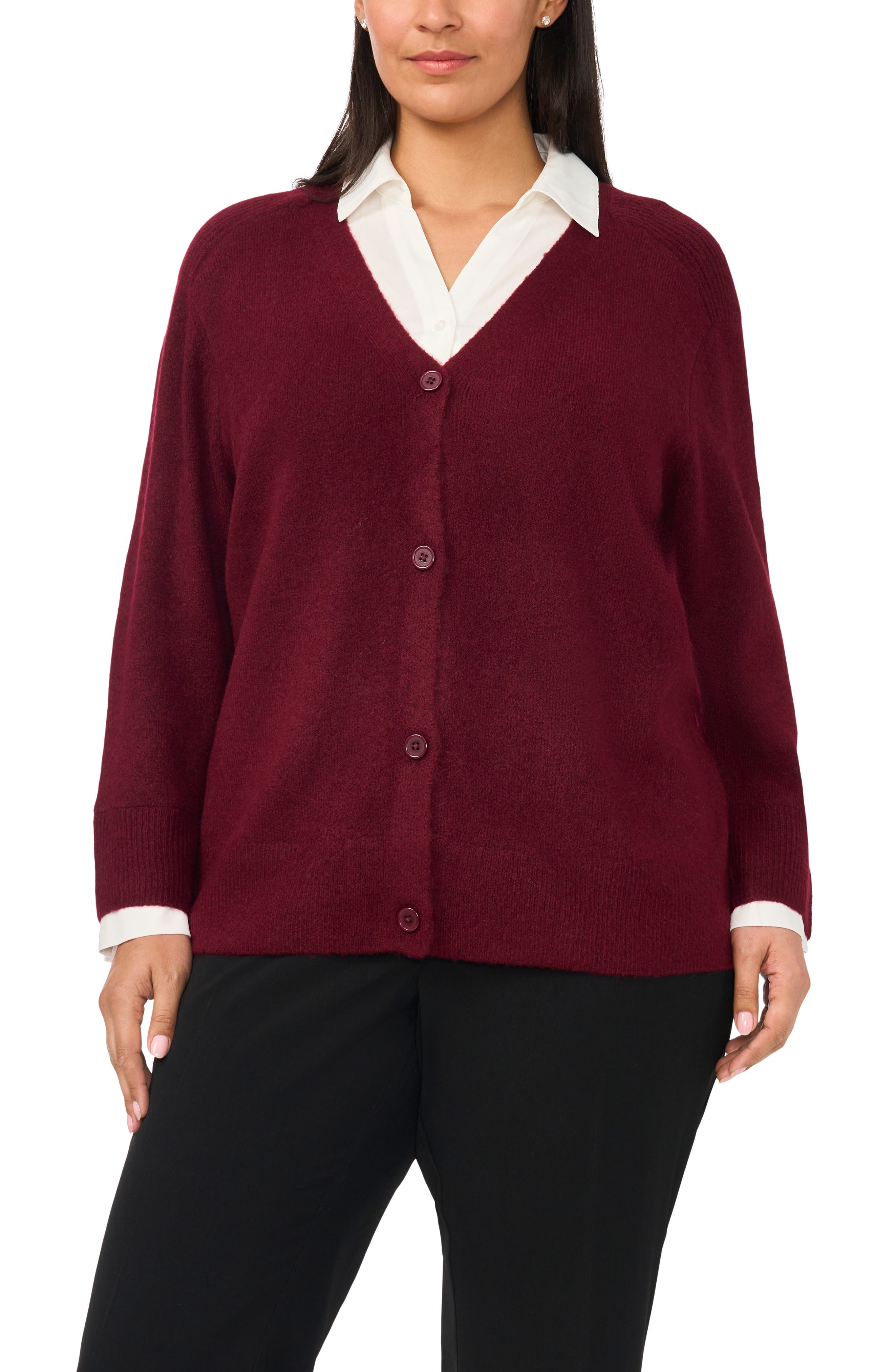 Halogenr Halogen(r) Mixed Media Twofer V-neck Cardigan In Crisp Merlot