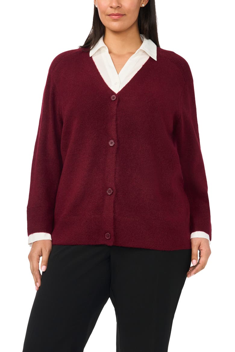 Mixed Media Twofer V-Neck Cardigan, Main, color, CRISP MERLOT