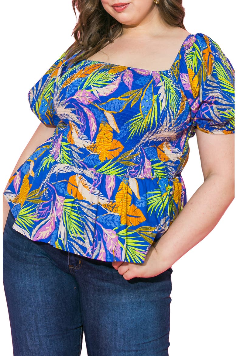 Smocked Puff Sleeve Cotton Poplin Top, Main, color, BLUE