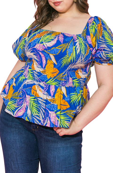 Smocked Puff Sleeve Cotton Poplin Top (Plus)