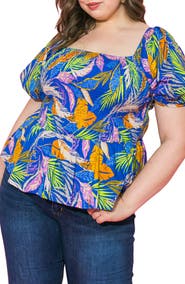 FLYING TOMATO Smocked Puff Sleeve Cotton Poplin Top