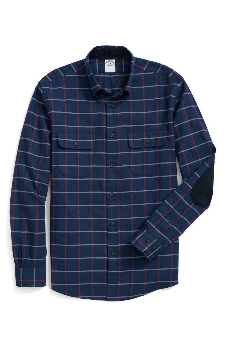 Brooks Brothers Plaid Cotton & Cashmere Flannel Button-Up Shirt, Alternate, color, Navy