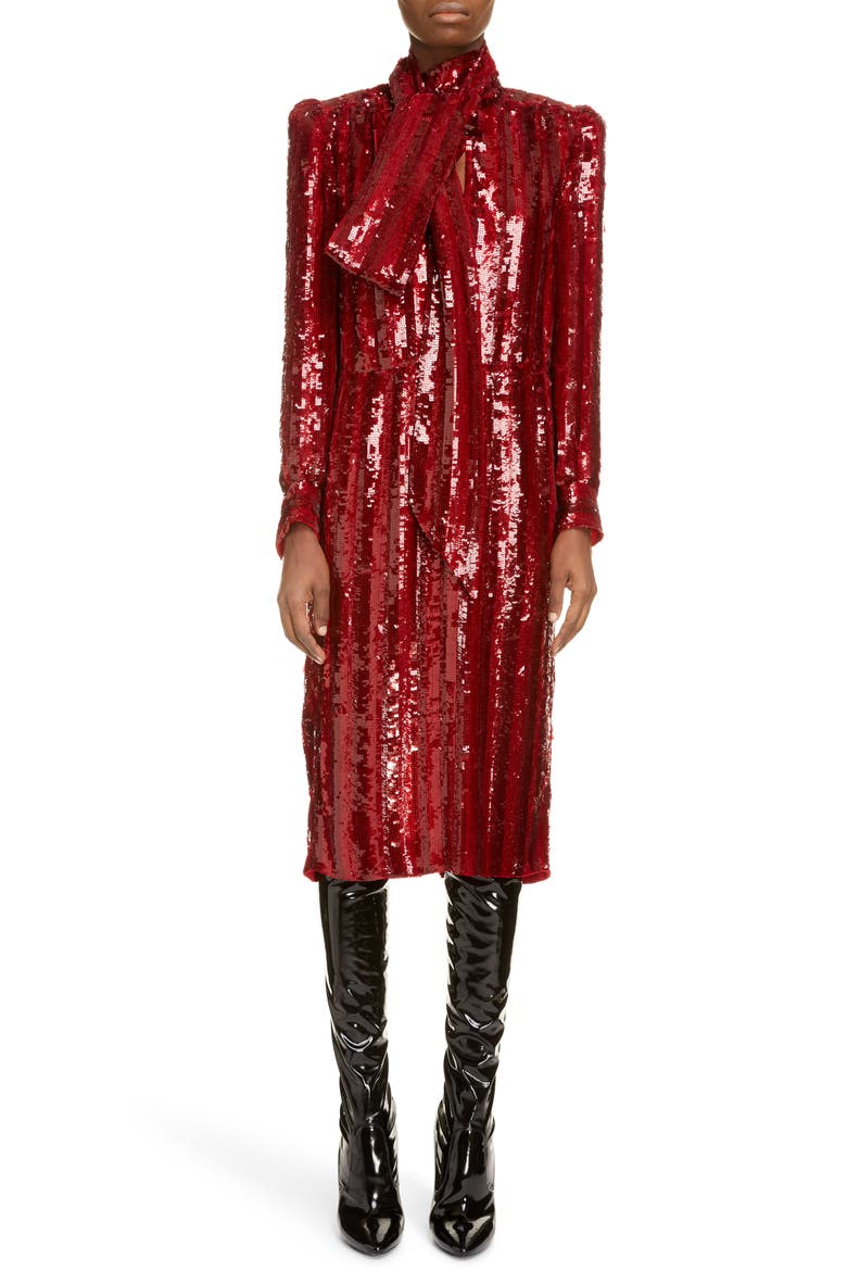 Tie Neck Long Sleeve Sequin Midi Dress, Main, color, ROUGE ROYAL
