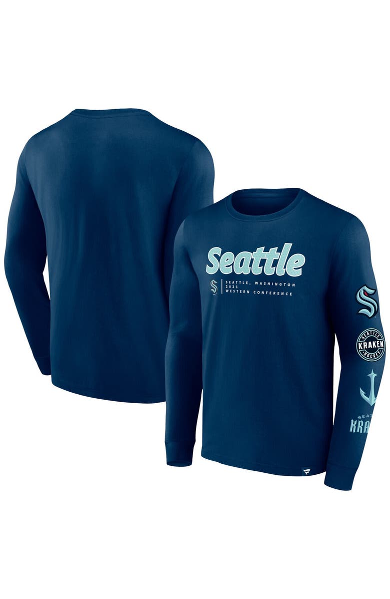 FANATICS Men's Fanatics Branded Deep Sea Blue Seattle Kraken Strike the Goal Long Sleeve T-Shirt, Alternate, color, Navy