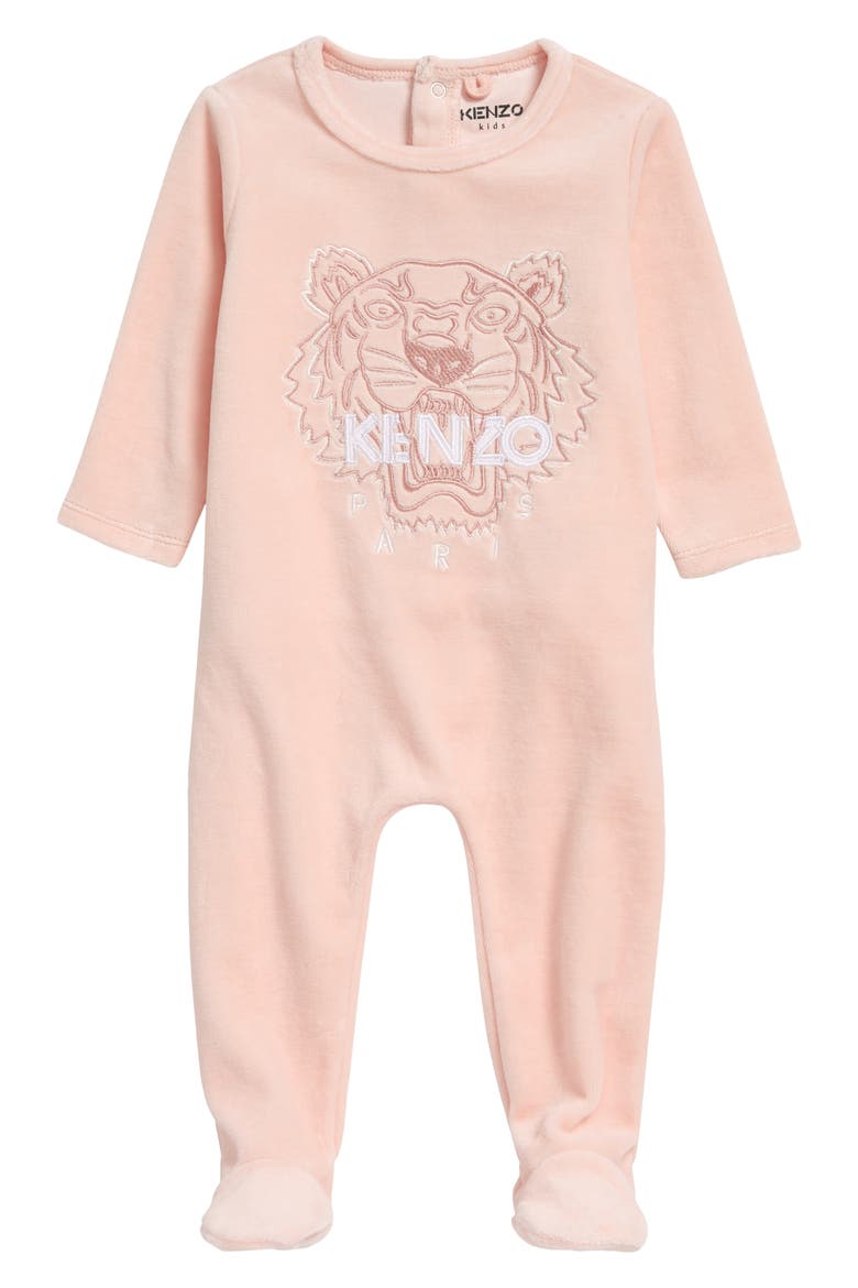 Tiger Embroidered One-Piece Footed Pajamas, Main, color, PINK