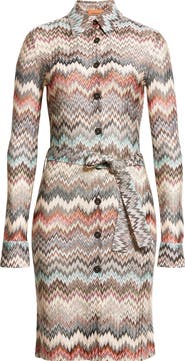 Missoni Zigzag Stripe Belted Long Sleeve Knit Shirtdress
