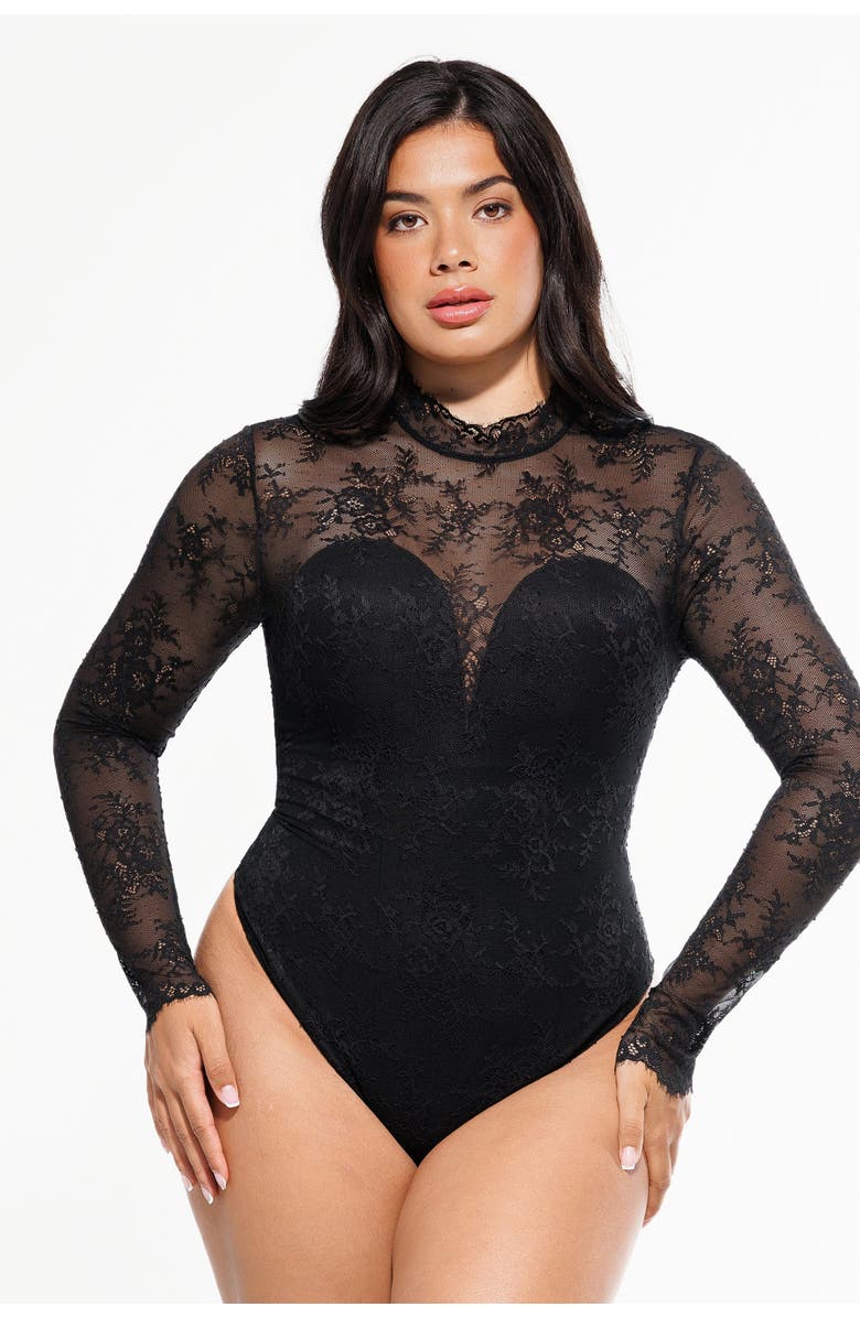 Popilush Shapewear Mock Neck Long Sleeve Floral Lace Bodysuit, Main, color, Midnight Black
