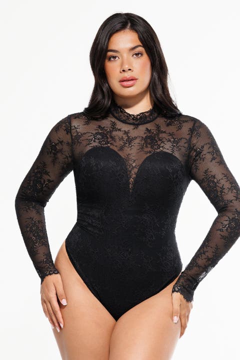 Shapewear Mock Neck Long Sleeve Floral Lace Bodysuit