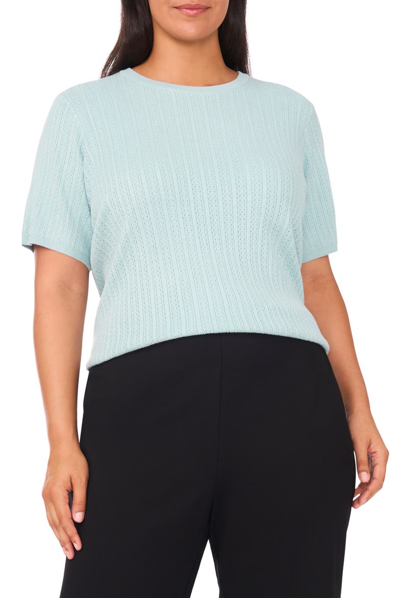 Pointelle Stitch Short Sleeve Sweater, Main, color, AQUA MALIGNE