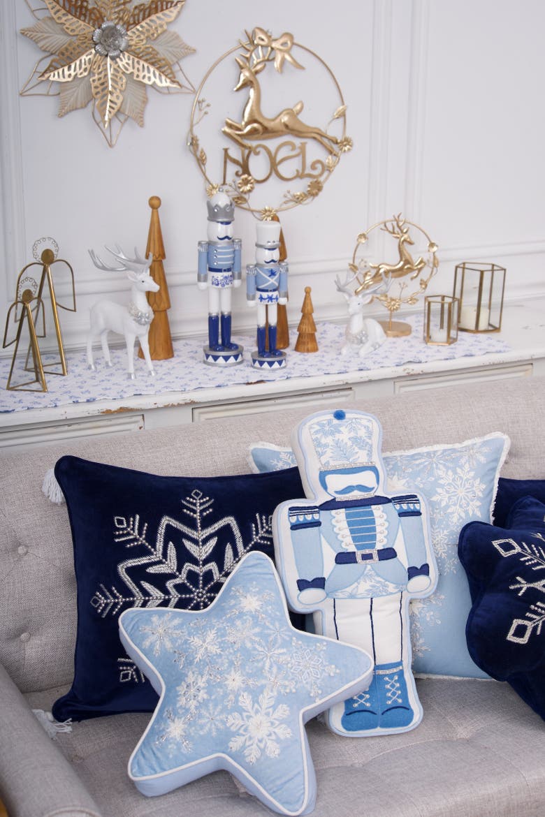 Embellished Woven Snowflake on Blue Velvet Throw Pillow 18" x 18", Alternate, color, Blue