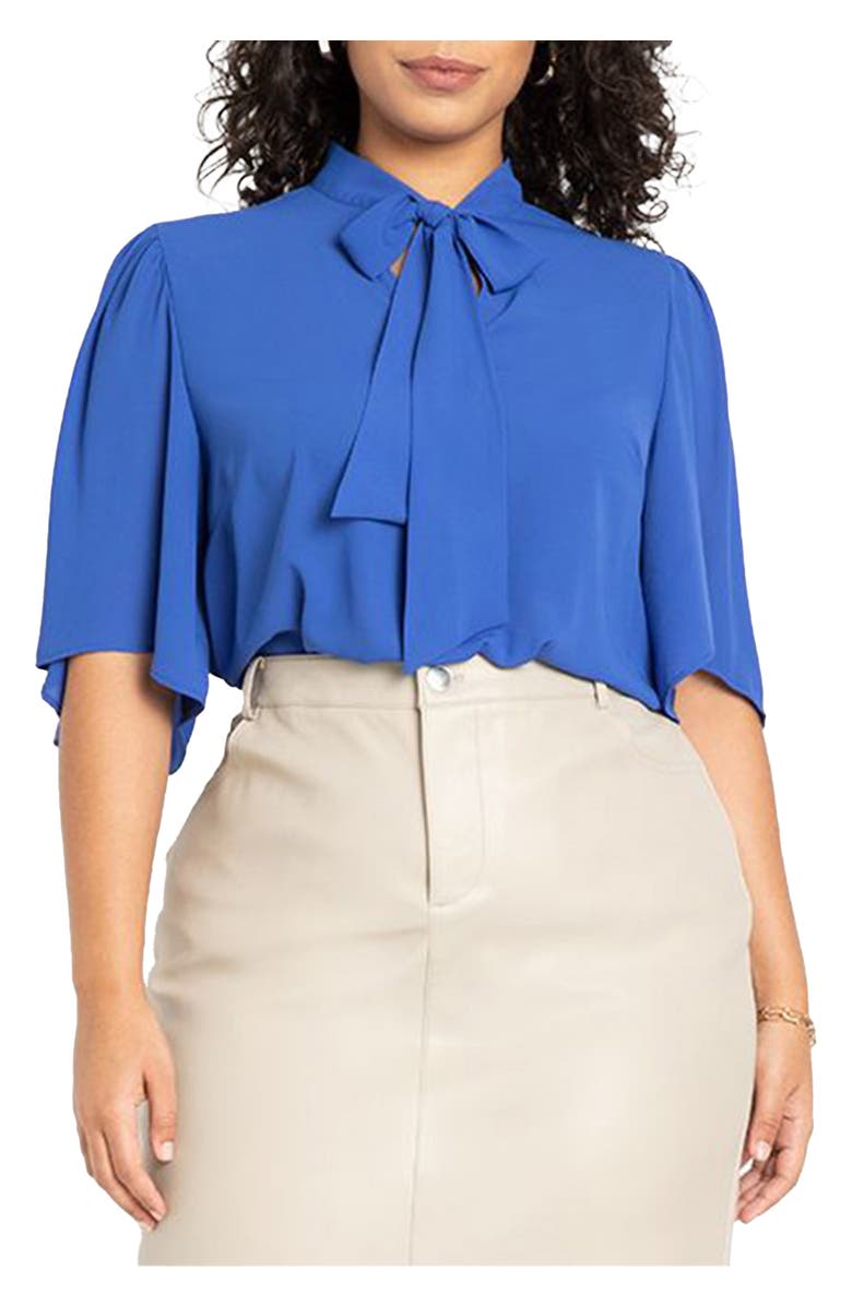 ELOQUII Bow Blouse With Flutter Sleeve, Alternate, color, Deep Purple