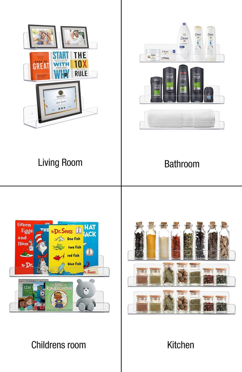 SORBUS Floating Acrylic Wall Ledge Shelf - Set of 6, Alternate, color, Clear