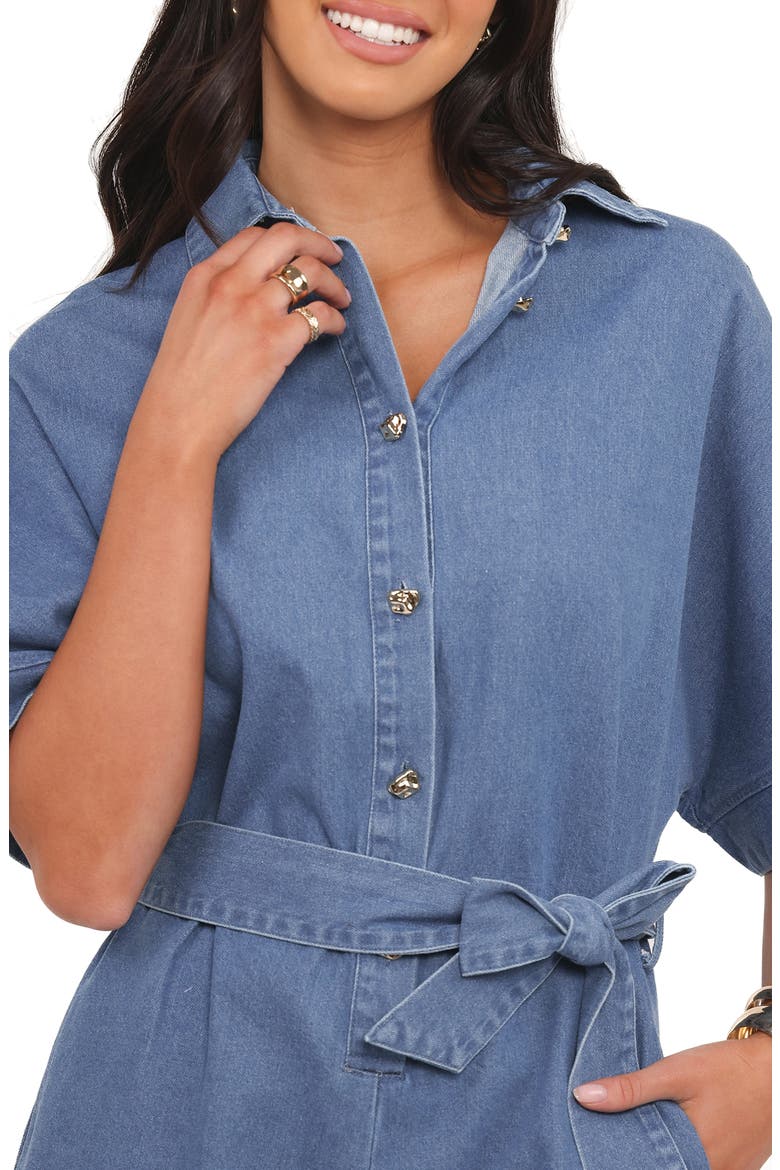 Hailey Belted Cotton Denim Romper, Alternate, color, INDIGO