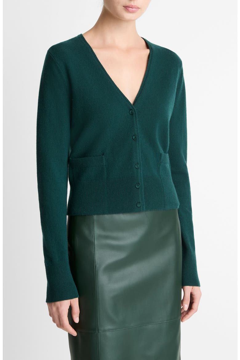 Satin Button Wool & Cashmere Blend V-Neck Cardigan, Alternate, color, JUNIPER