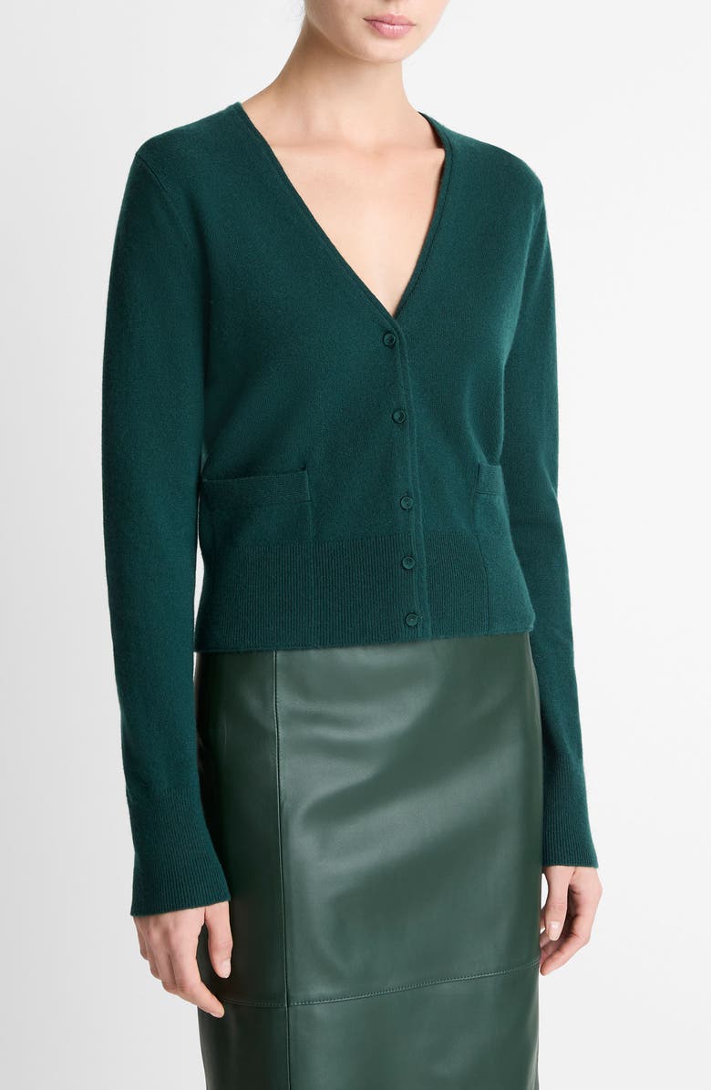 Vince Satin Button Wool & Cashmere Blend V-Neck Cardigan, Alternate, color, Juniper