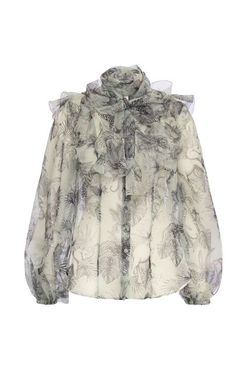 Printed Organza Blouse With Ruffles