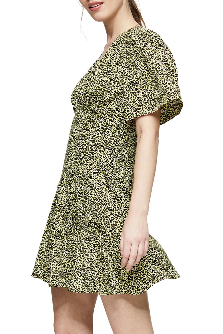 Flutter Sleeve Leopard Print Minidress, Alternate, color, LIME