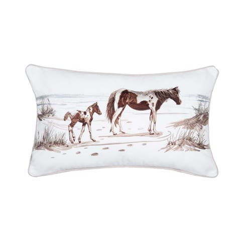 Beach Ponies Mare & Foal Horses in the Sand Embroidered Throw Pillow, 12" x 21"