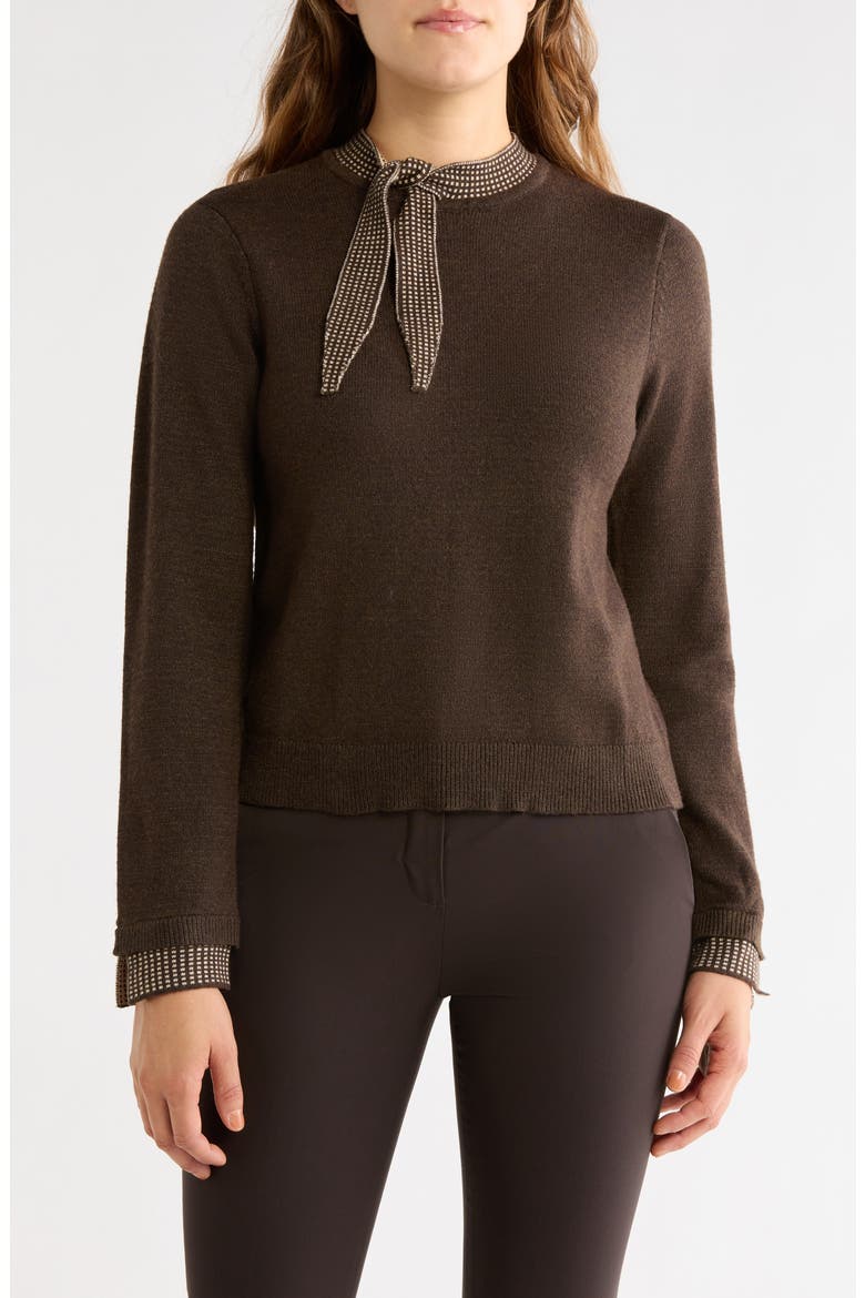 Contrast Tie Crewneck Sweater, Main, color, HEATHER DARK BROWN/ OATMEAL