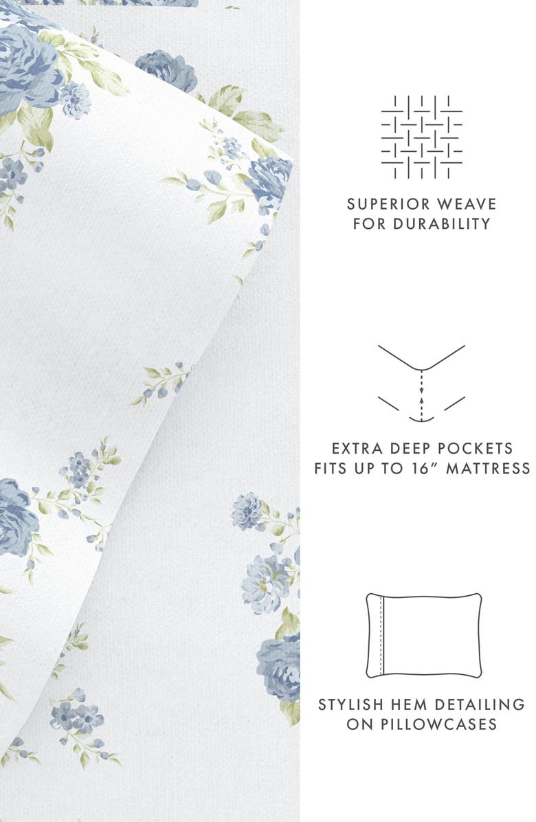 HOMESPUN Premium Rose Bunch 4-Piece Flannel Bed Sheet Set, Alternate, color, Light Blue
