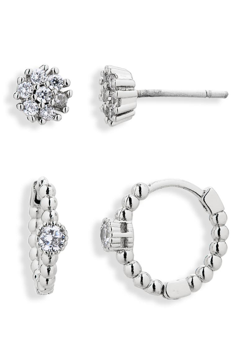 Set of 2 Pave Round Stud & Beaded Huggie Hoop Earrings, Alternate, color, CLEAR/ SILVER