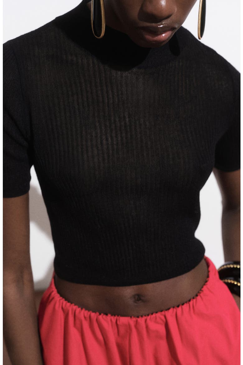 Short Sleeve Crop Sweater, Alternate, color, BLACK