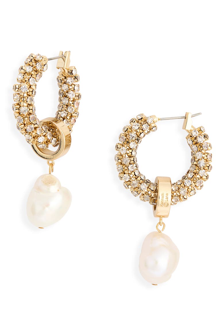 Crystal Wrapped Pearl Drop Hoop Earrings, Main, color, GOLD