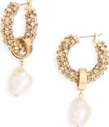 Kenneth Jay Lane Crystal Wrapped Pearl Drop Hoop Earrings