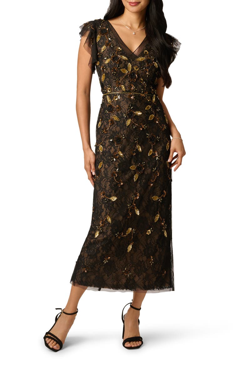 Beaded Lace Gown, Main, color, BLACK/ GOLD