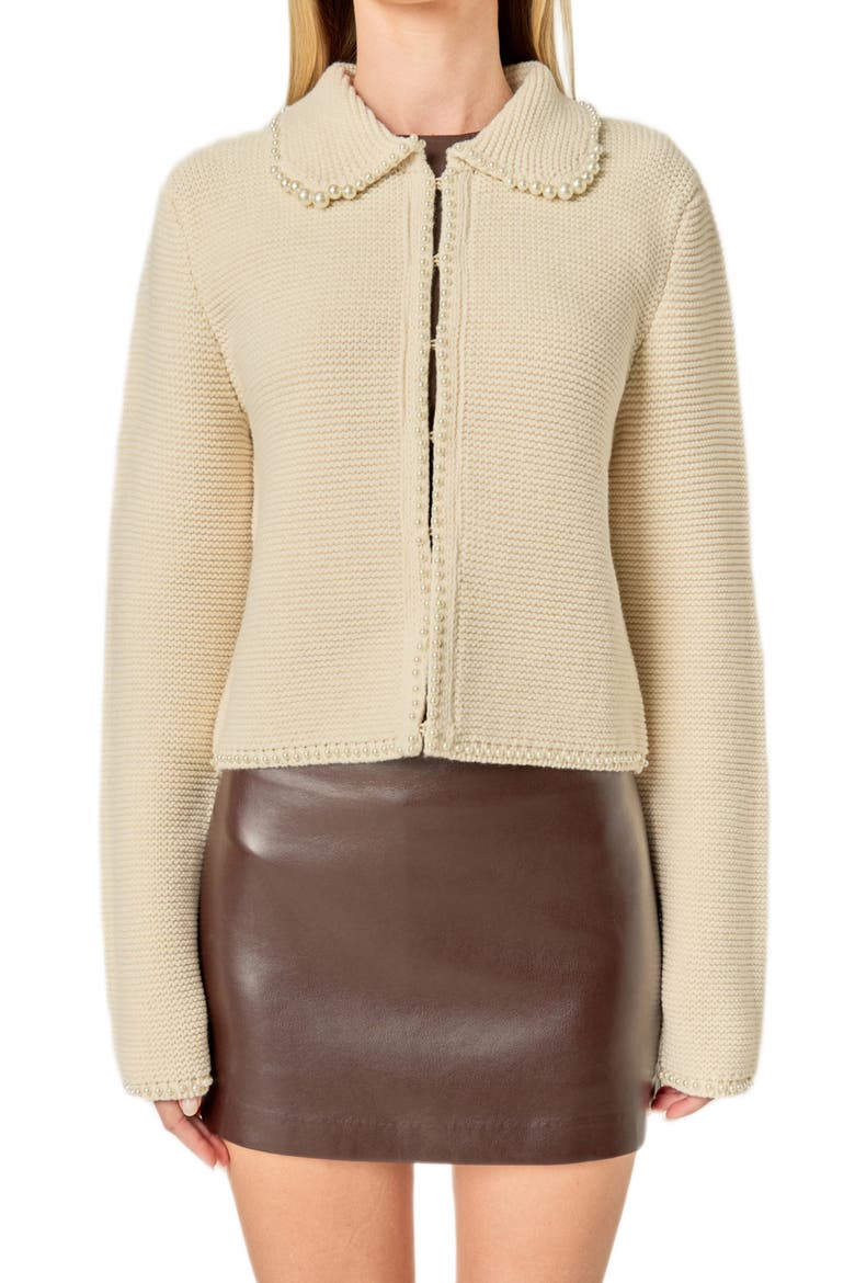 Faux Pearl Trim Collared Cardigan, Main, color, IVORY