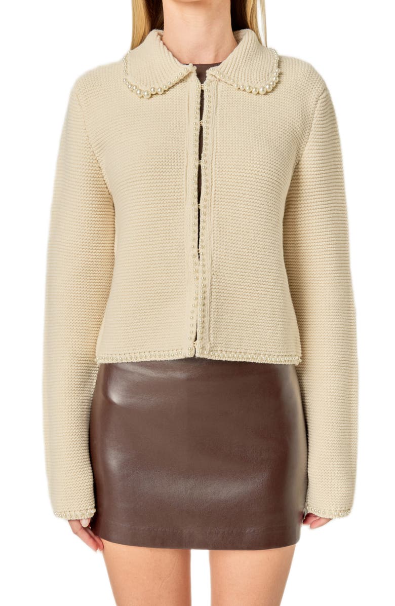 English Factory Faux Pearl Trim Collared Cardigan, Main, color, Ivory