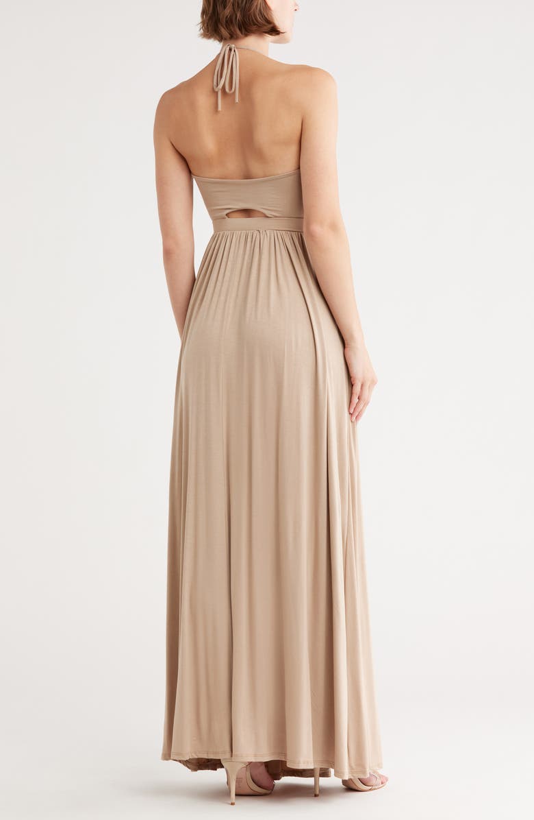 GO COUTURE Keyhole Halter Jersey Maxi Dress, Alternate, color, Almond Ponte