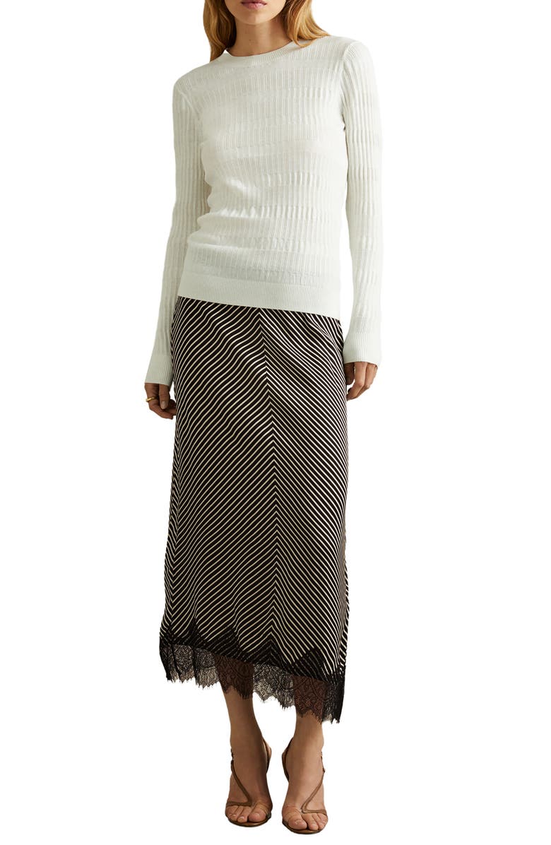 Reiss Ivy Stripe Lace Trim Midi Skirt, Alternate, color, Black/ Ivory