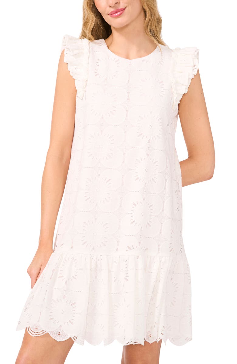 CeCe Floral Lace Flutter Sleeve Shift Dress, Alternate, color, Ultra White