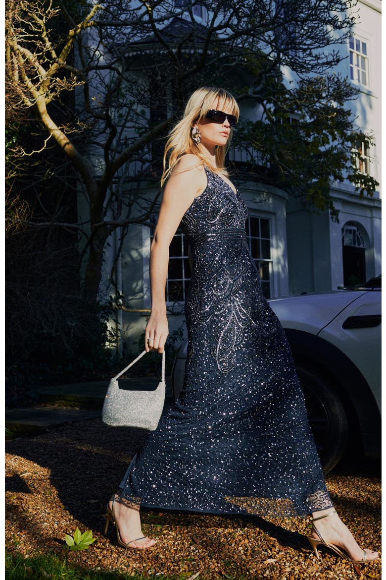 Occasion Embellished Sequin Beaded V Neck Evening Gown, Alternate, color, NAVY