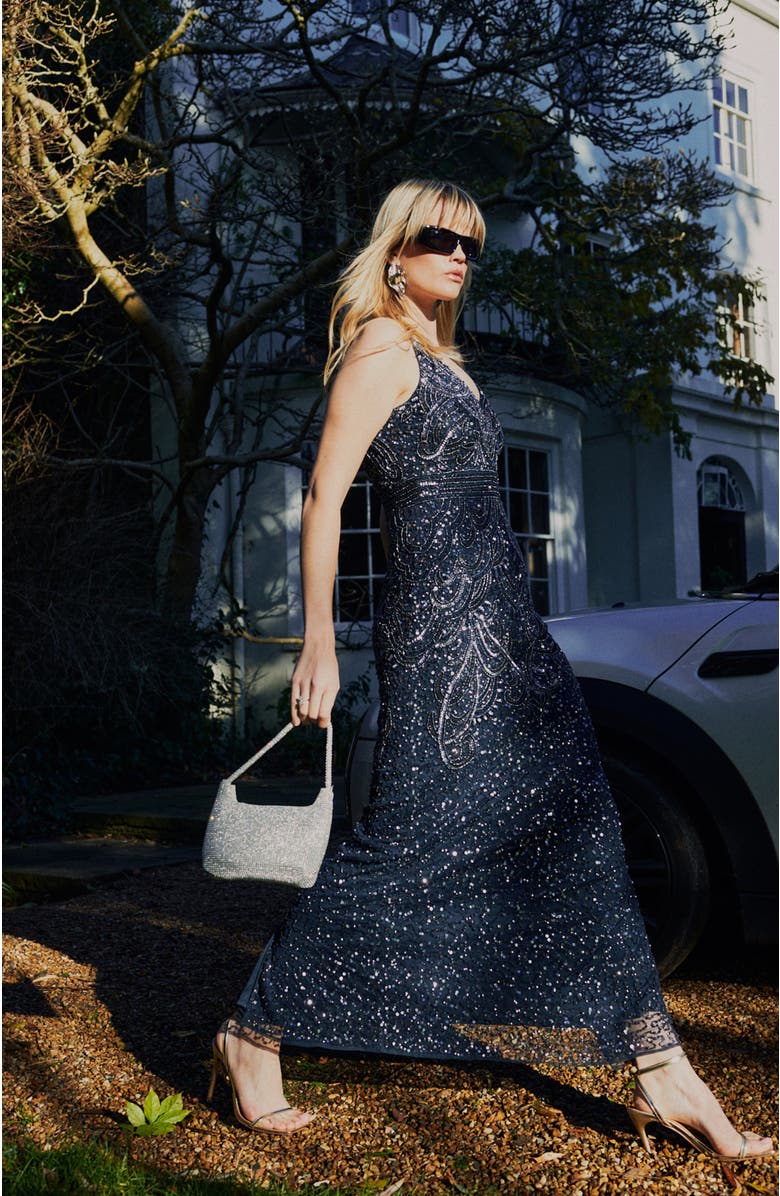 BEAUUT Occasion Embellished Sequin Beaded V Neck Evening Gown, Alternate, color, Navy