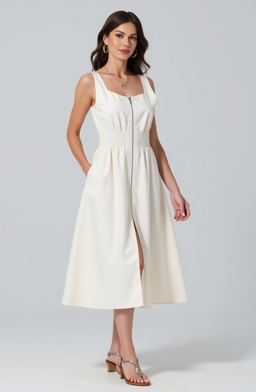 Modenaire Sleeveless Midi Dress With Smocked Waist And Front Zip In White