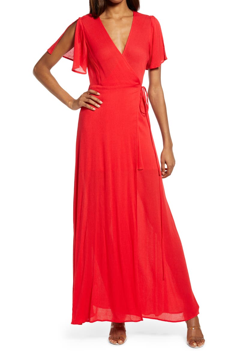 Much Obliged Wrap Maxi Dress, Main, color, RED