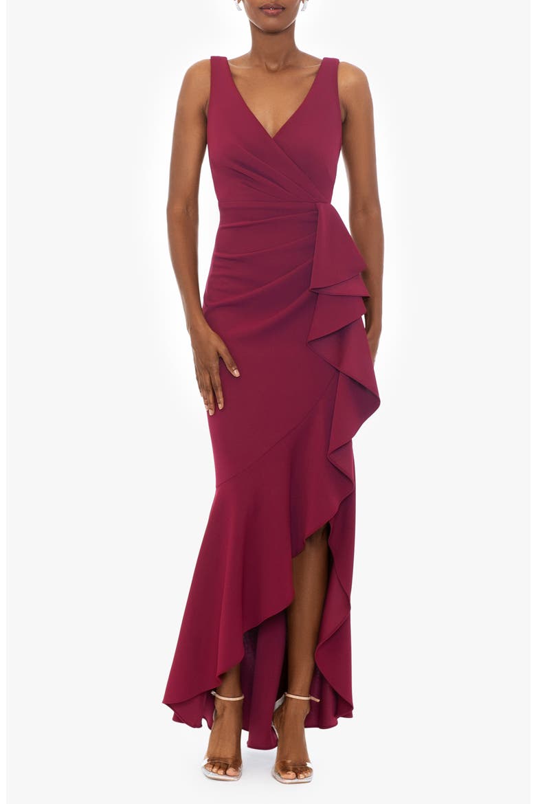 V-Neck Cascade Ruffle High-Low Gown, Main, color, BORDEAUX