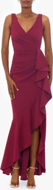 Betsy & Adam V-Neck Cascade Ruffle High-Low Gown