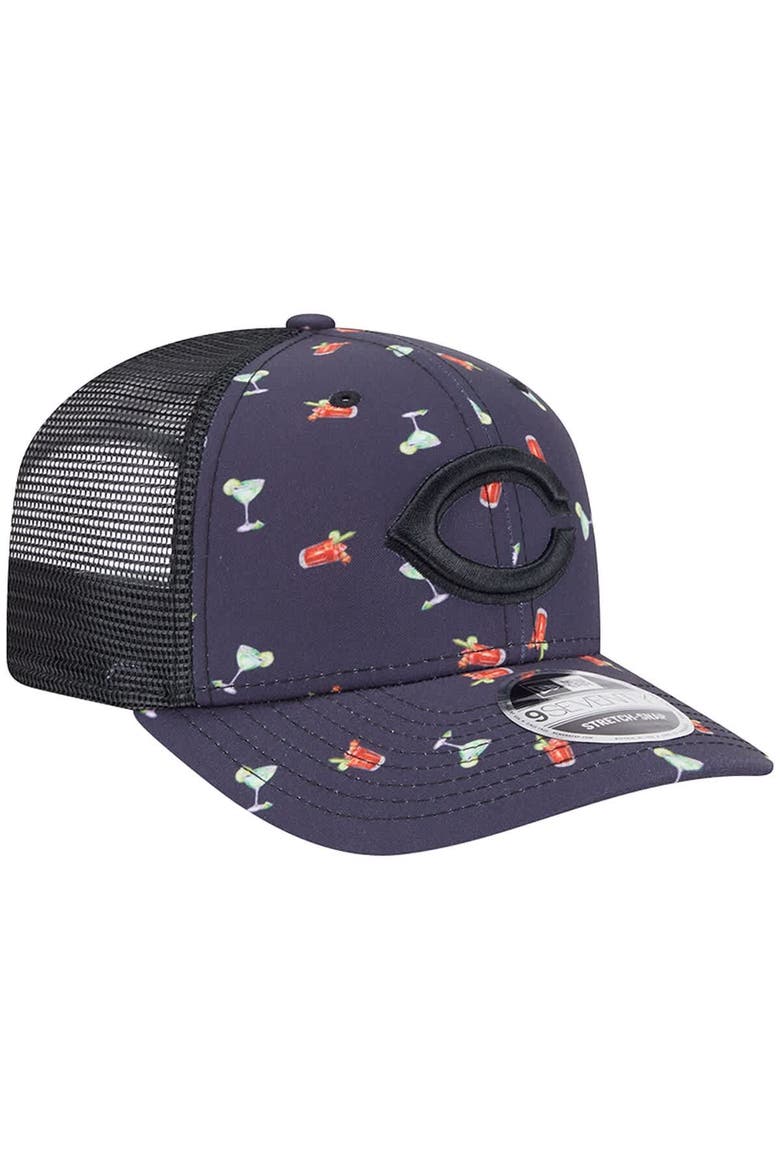 Men's New Era Black Cincinnati Reds Adventure Drinks Pattern 9SEVENTY Stretch-Snap Hat, Alternate, color, Navy
